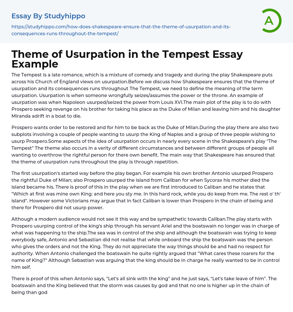 Theme of Usurpation in the Tempest Essay Example