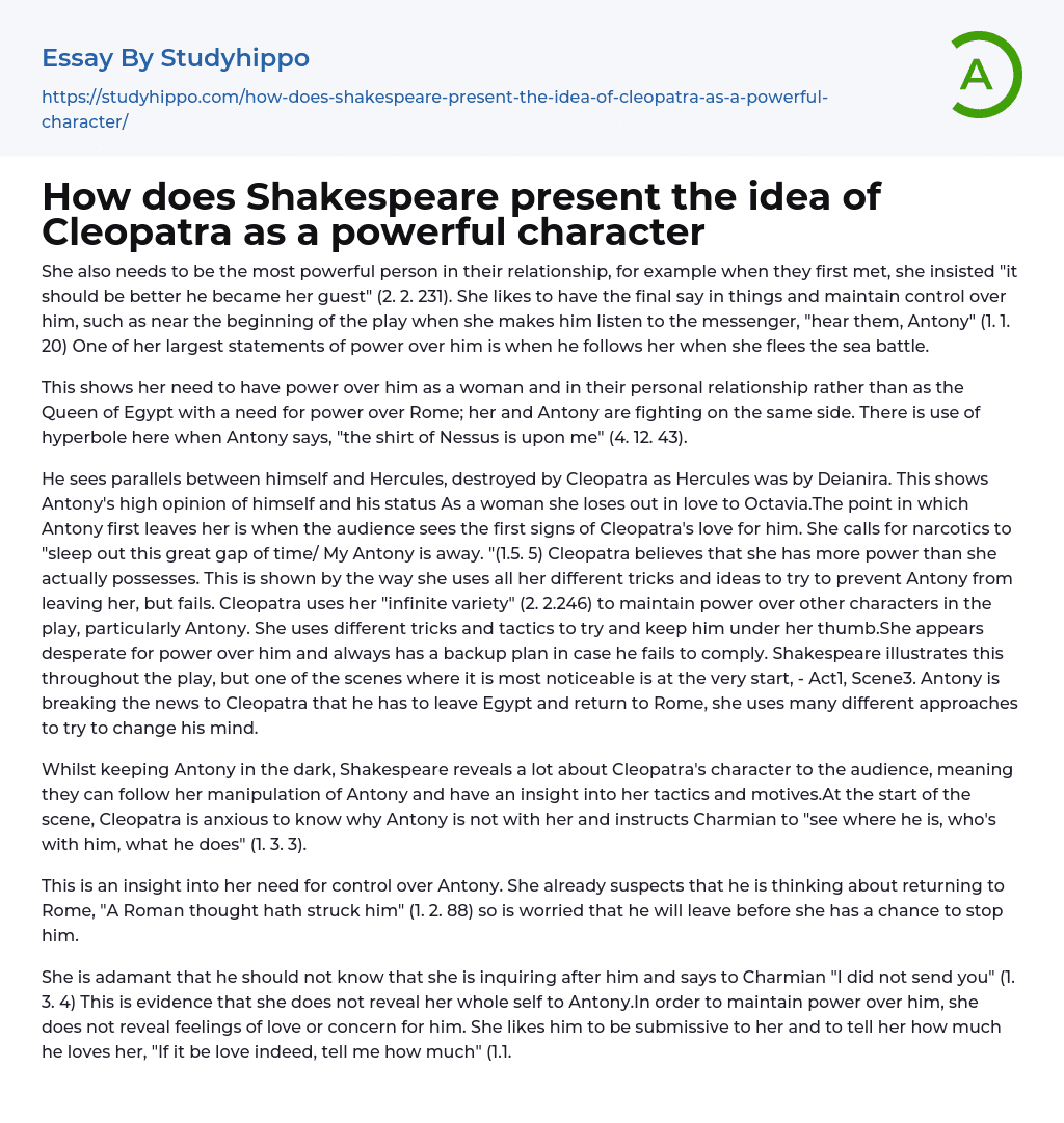 How does Shakespeare present the idea of Cleopatra as a powerful character Essay Example