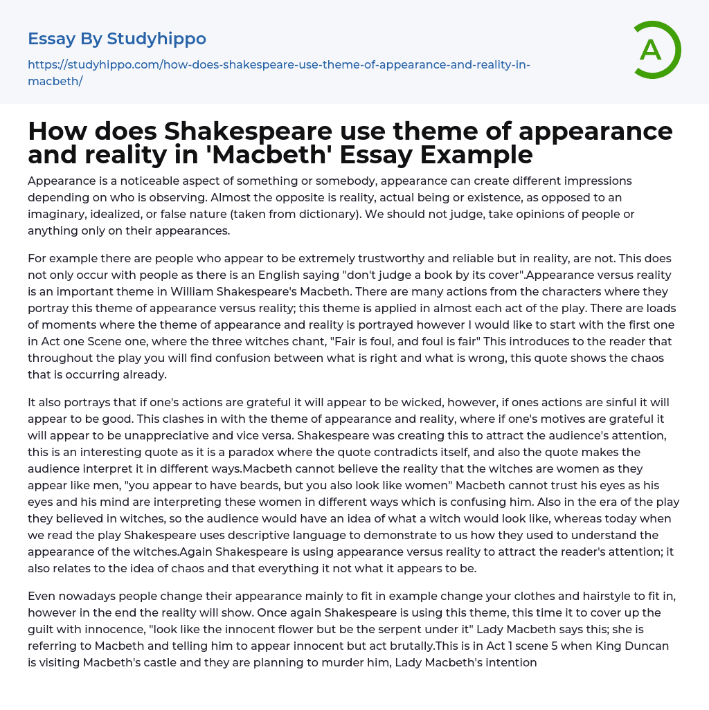 How does Shakespeare use theme of appearance and reality in ‘Macbeth’ Essay Example