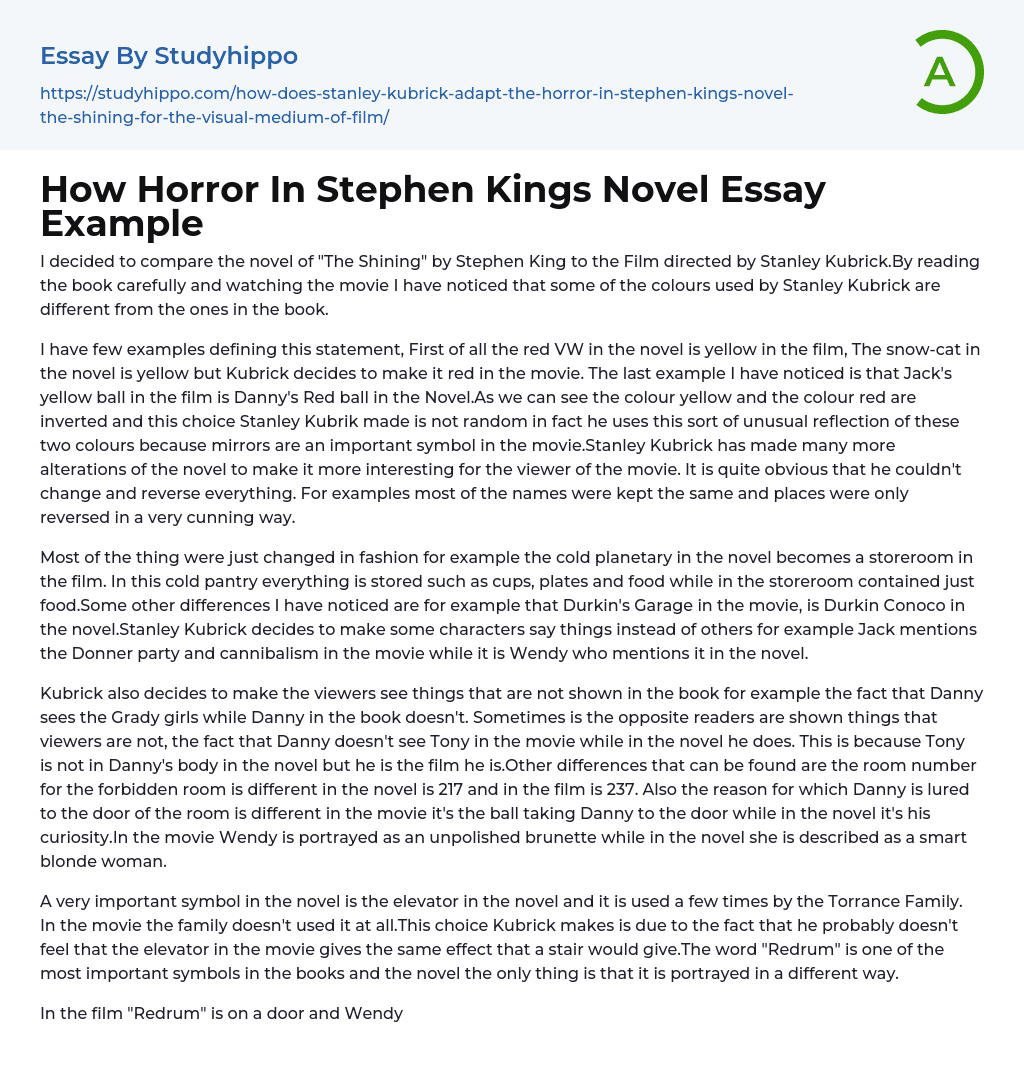 How Horror In Stephen Kings Novel Essay Example