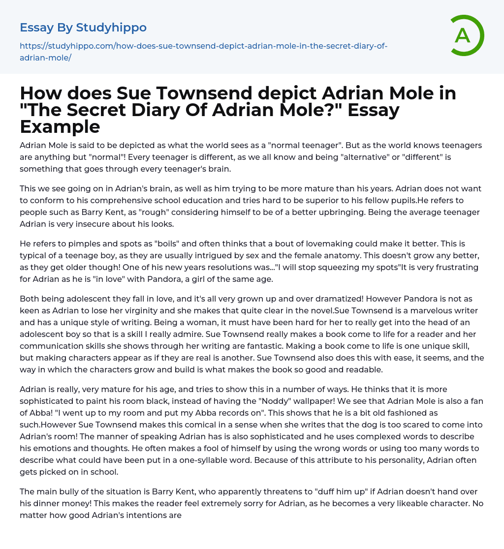 How does Sue Townsend depict Adrian Mole in “The Secret Diary Of Adrian Mole?” Essay Example
