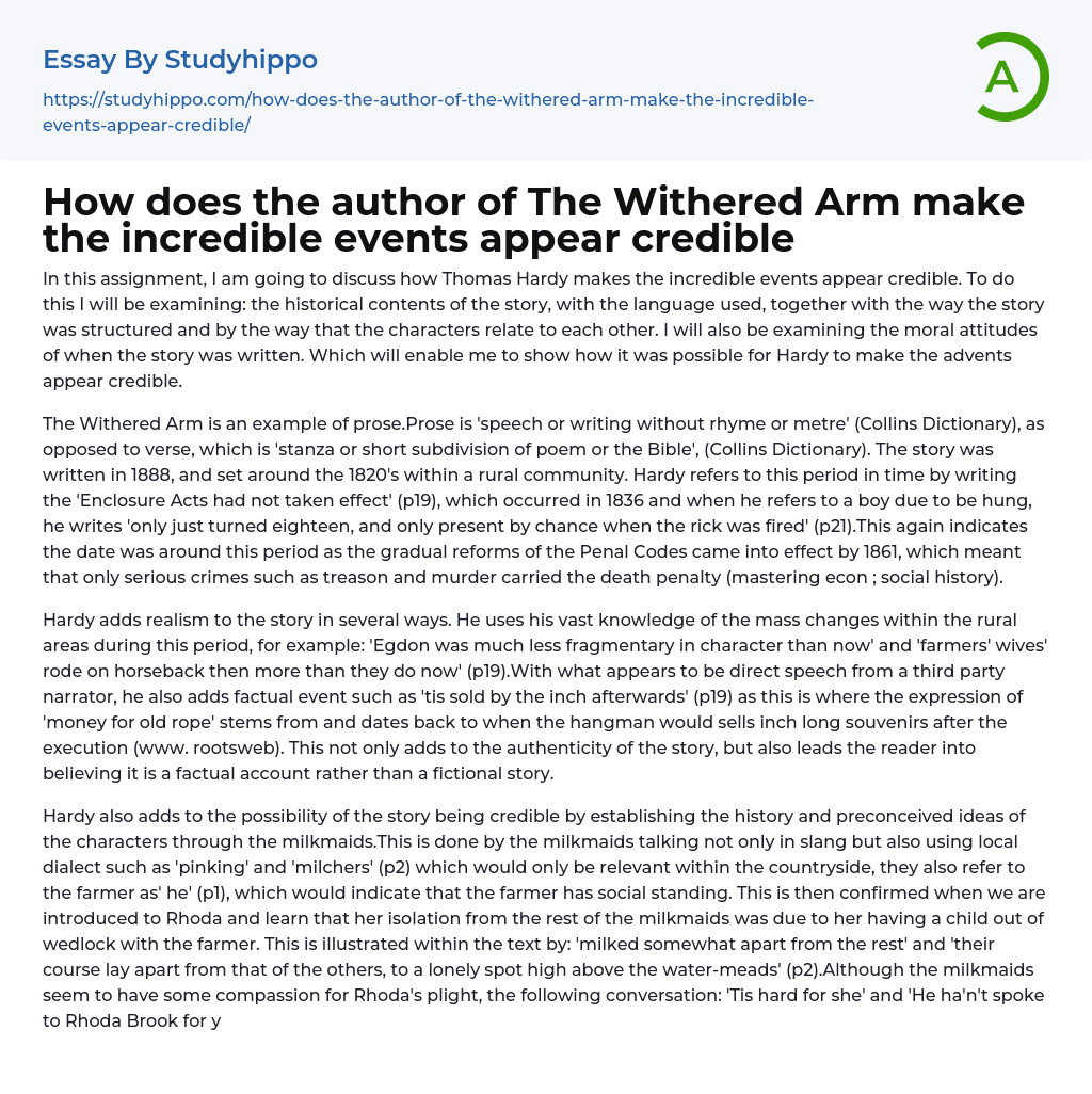 How does the author of The Withered Arm make the incredible events appear credible Essay Example