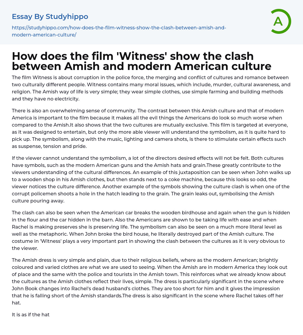 How does the film ‘Witness’ show the clash between Amish and modern American culture Essay Example
