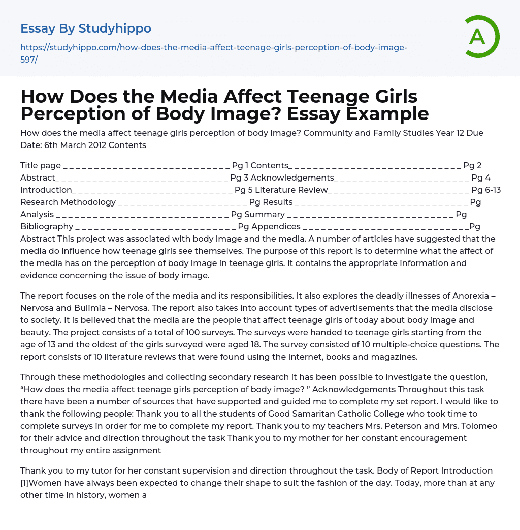 How Does the Media Affect Teenage Girls Perception of Body Image? Essay Example