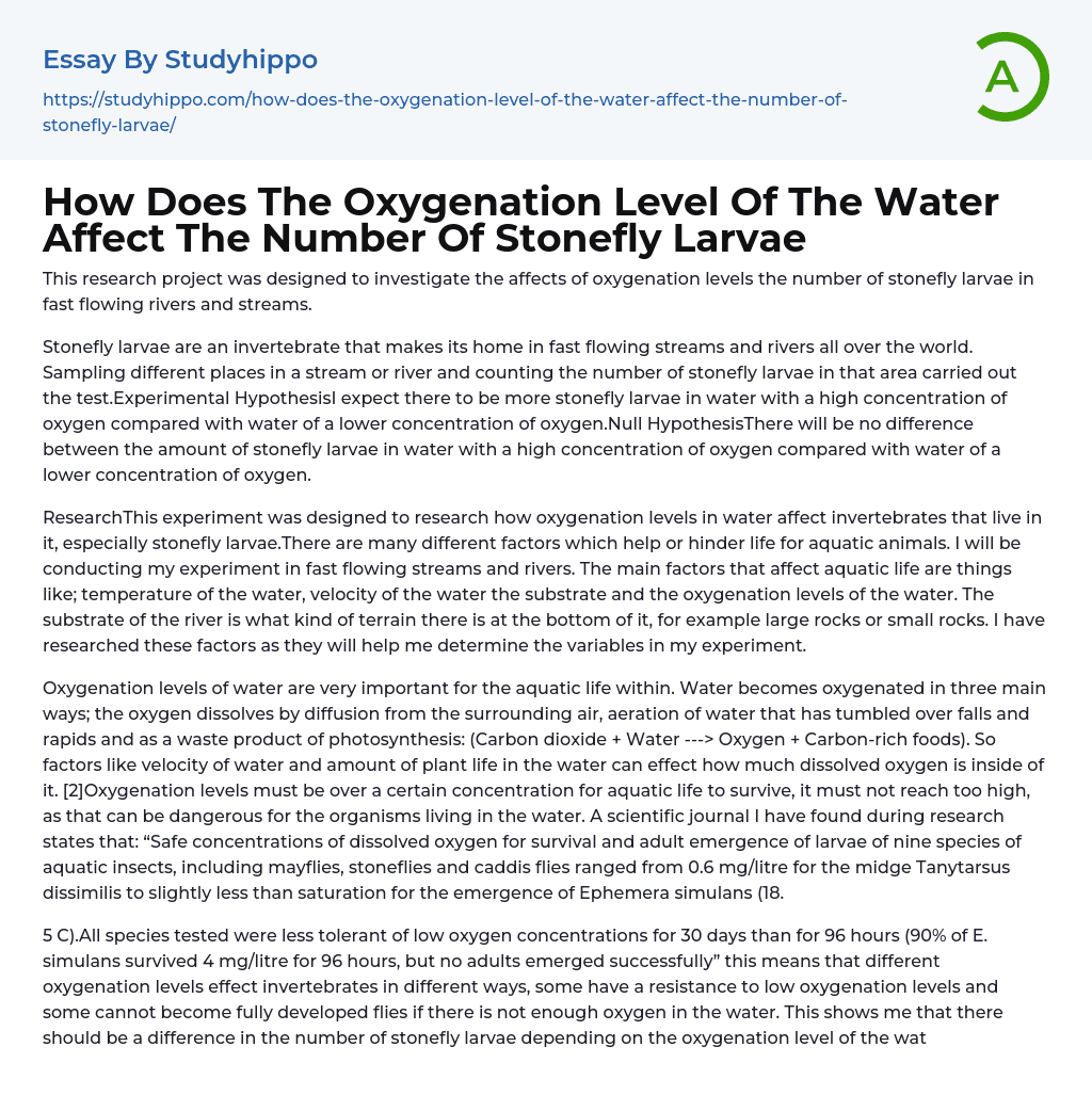 How Does The Oxygenation Level Of The Water Affect The Number Of Stonefly Larvae Essay Example