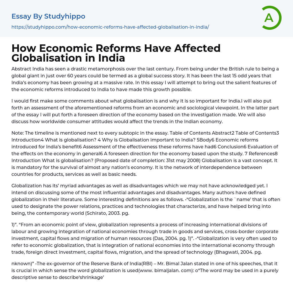 How Economic Reforms Have Affected Globalisation in India Essay Example