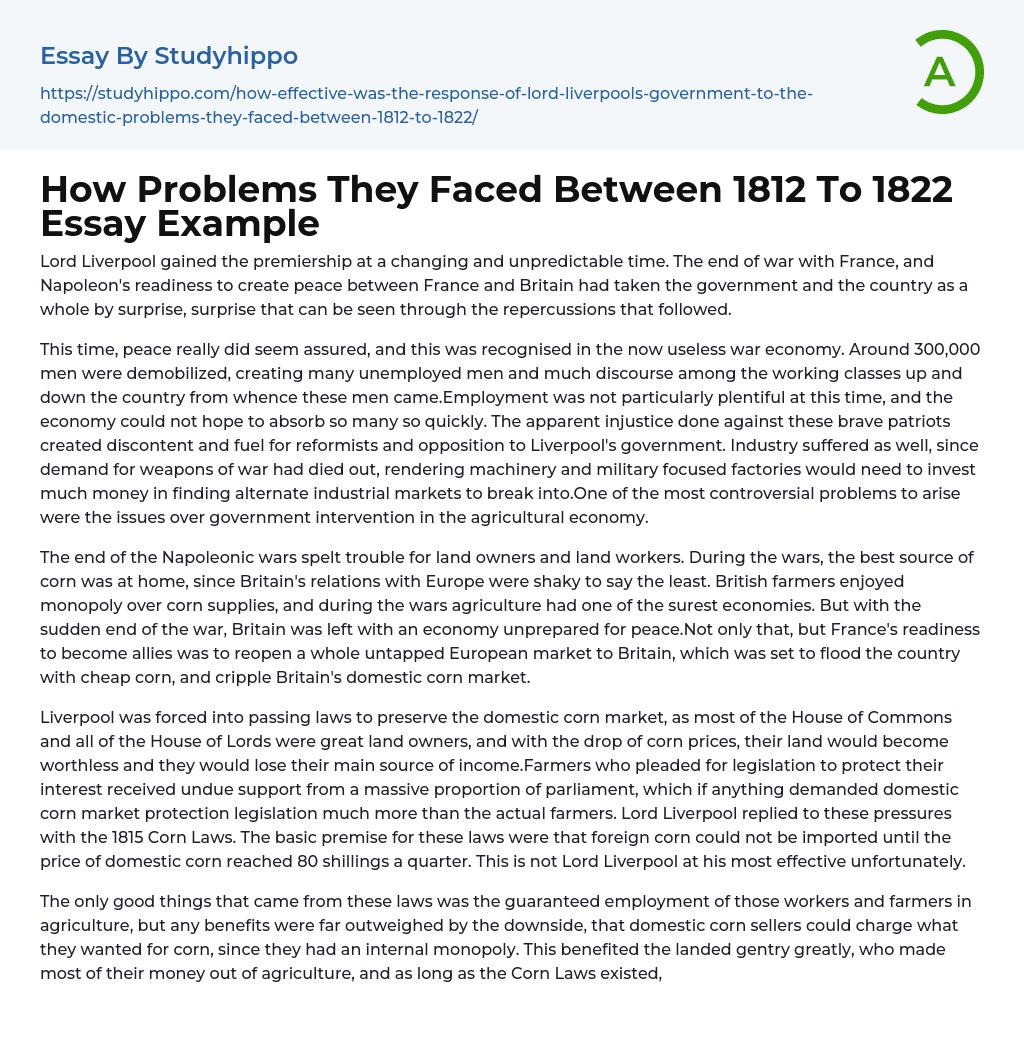 How Problems They Faced Between 1812 To 1822 Essay Example
