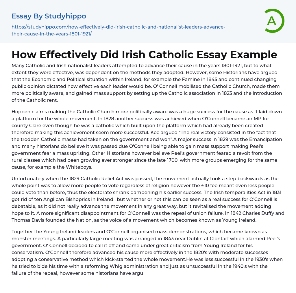 How Effectively Did Irish Catholic Essay Example
