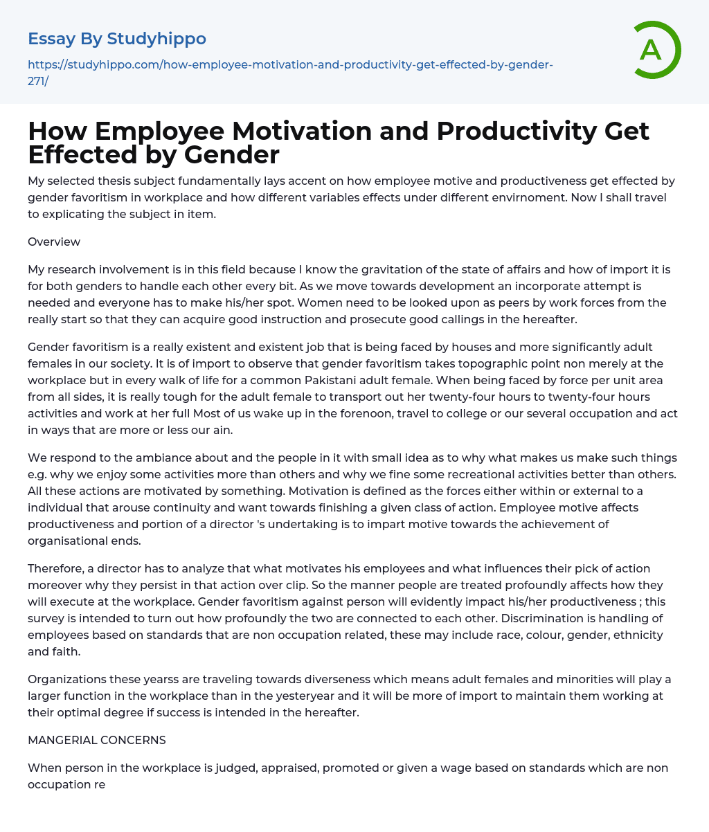 How Employee Motivation and Productivity Get Effected by Gender Essay Example