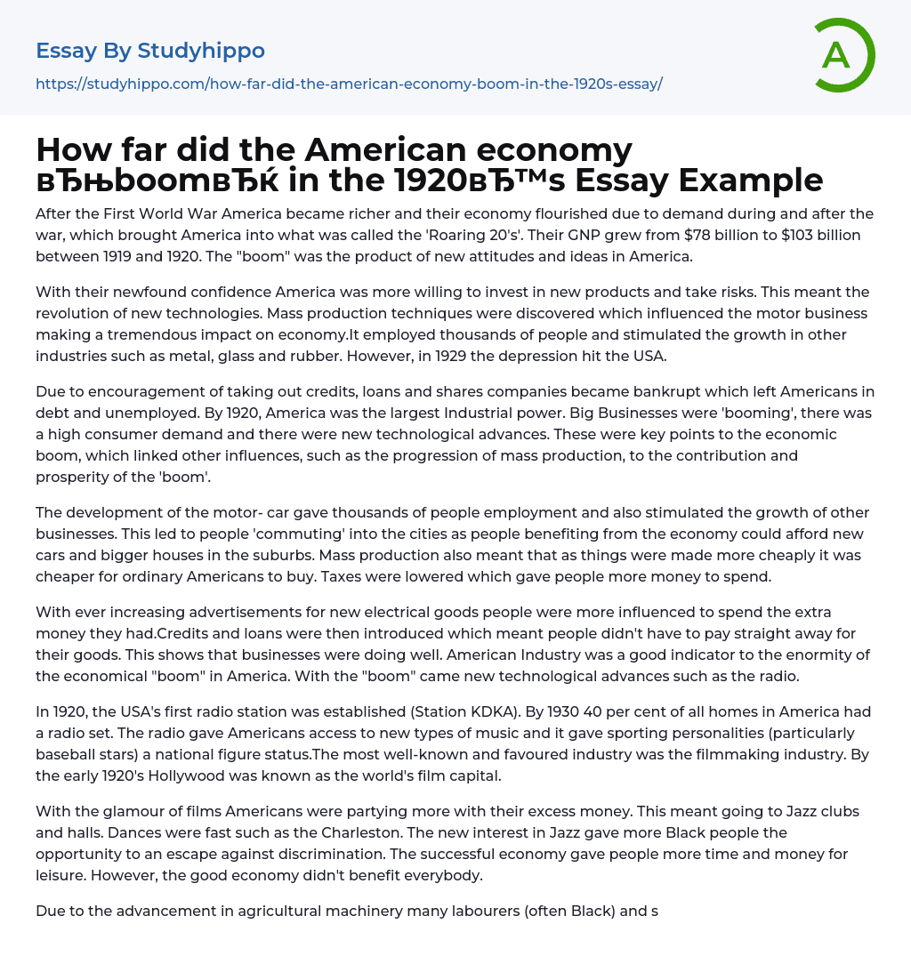 How far did the American economy “boom” in the 1920’s Essay Example