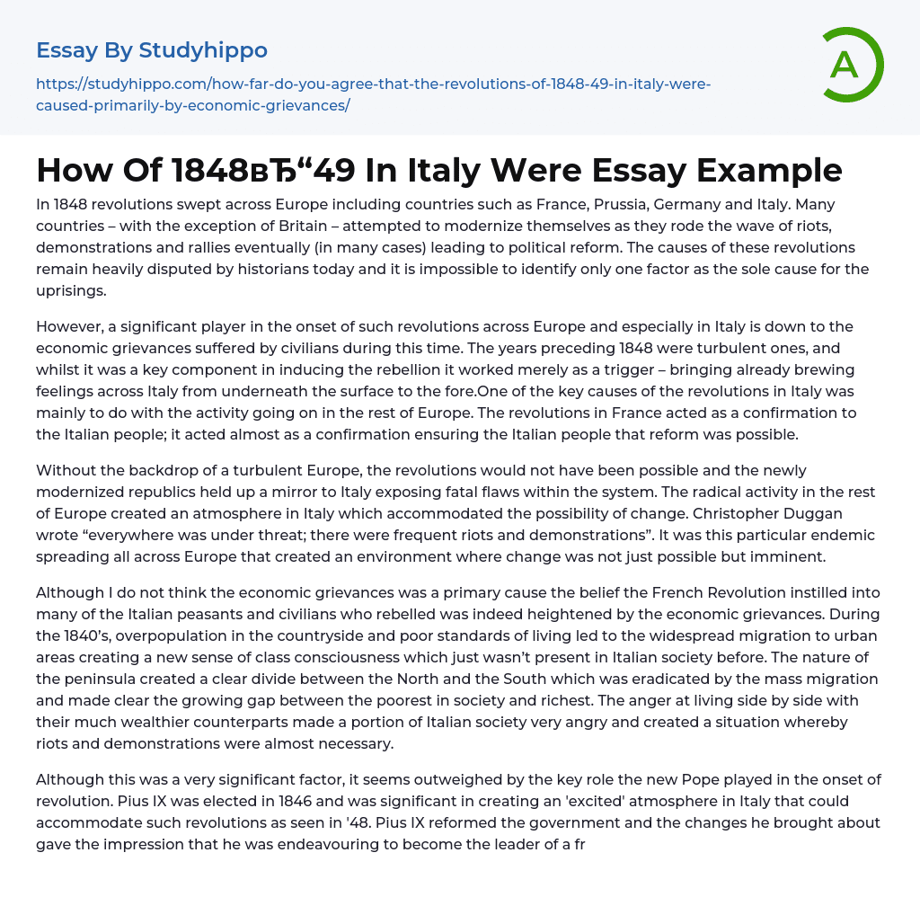 How Of 1848??“49 In Italy Were Essay Example