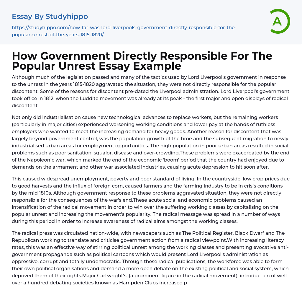 How Government Directly Responsible For The Popular Unrest Essay Example