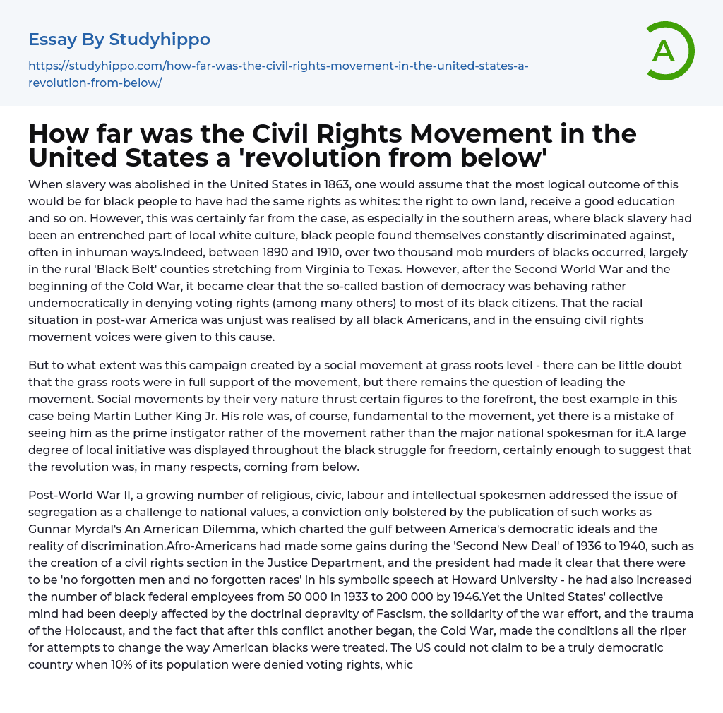 How far was the Civil Rights Movement in the United States a ‘revolution from below’ Essay Example