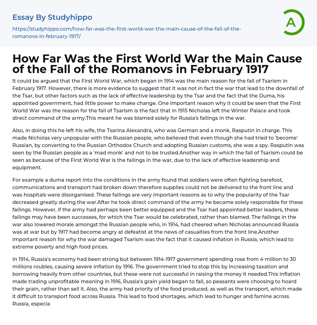 The Fall of Tsarism: Beyond the First World War