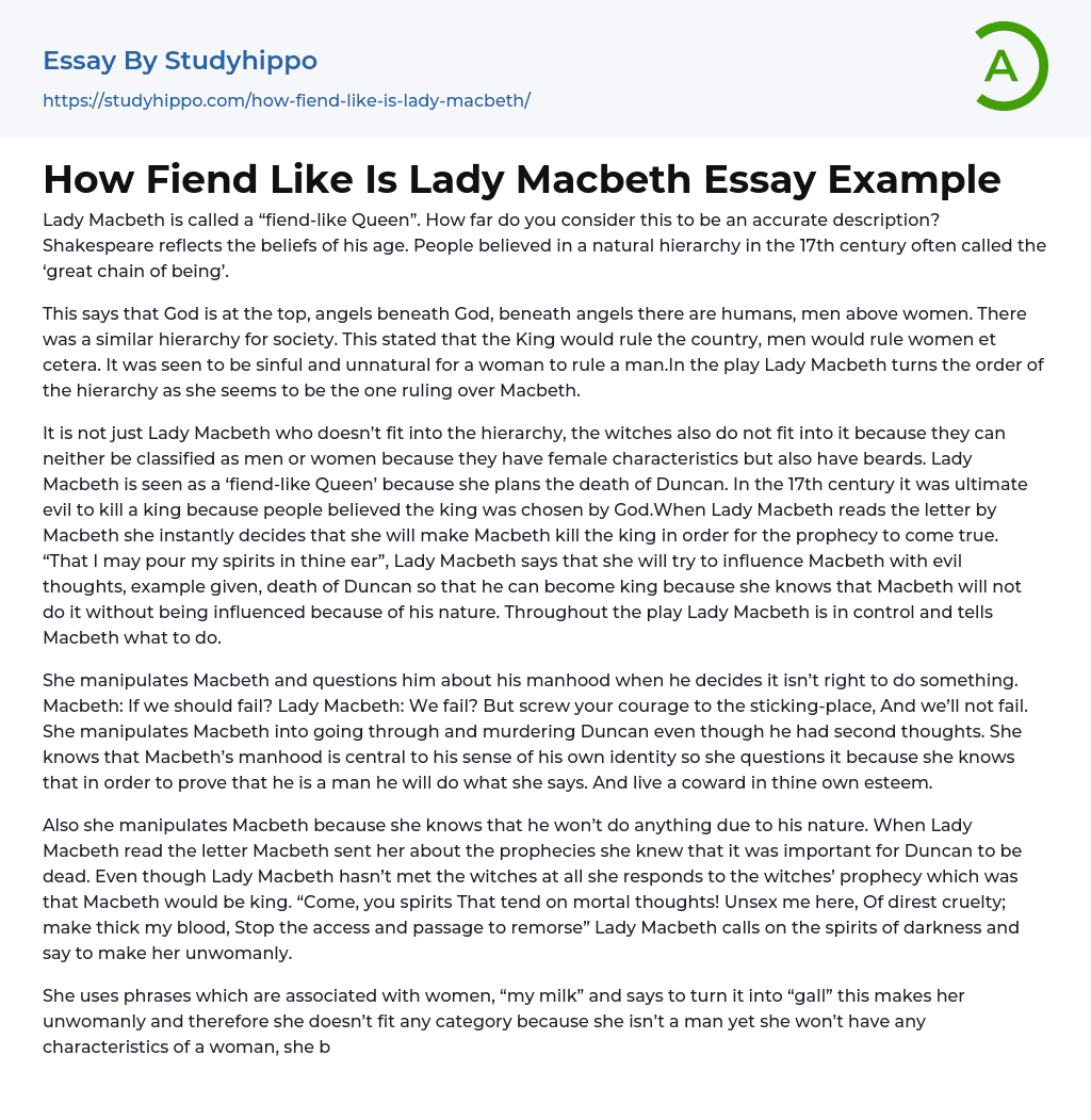 How Fiend Like Is Lady Macbeth Essay Example