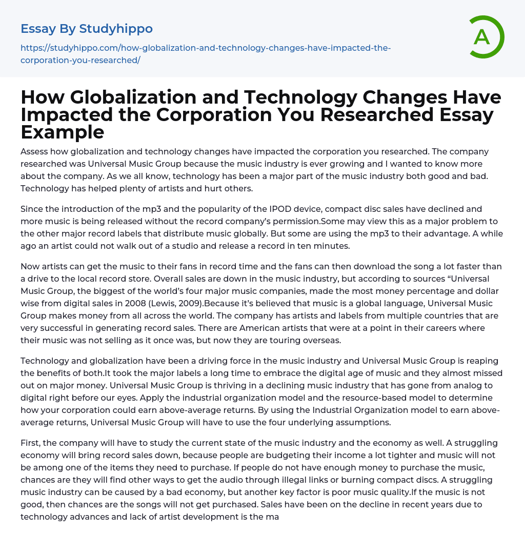 How Globalization and Technology Changes Have Impacted the Corporation You Researched Essay Example