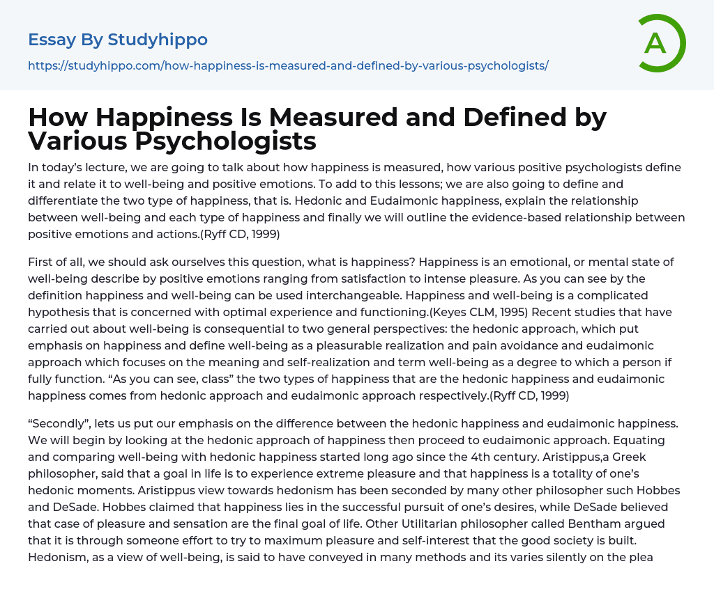 How Happiness Is Measured and Defined by Various Psychologists Essay Example