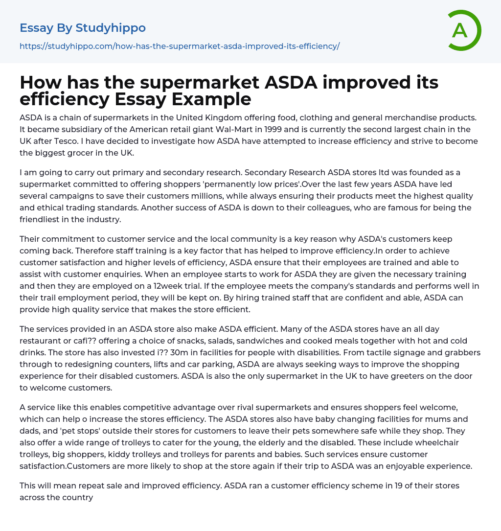 How has the supermarket ASDA improved its efficiency Essay Example