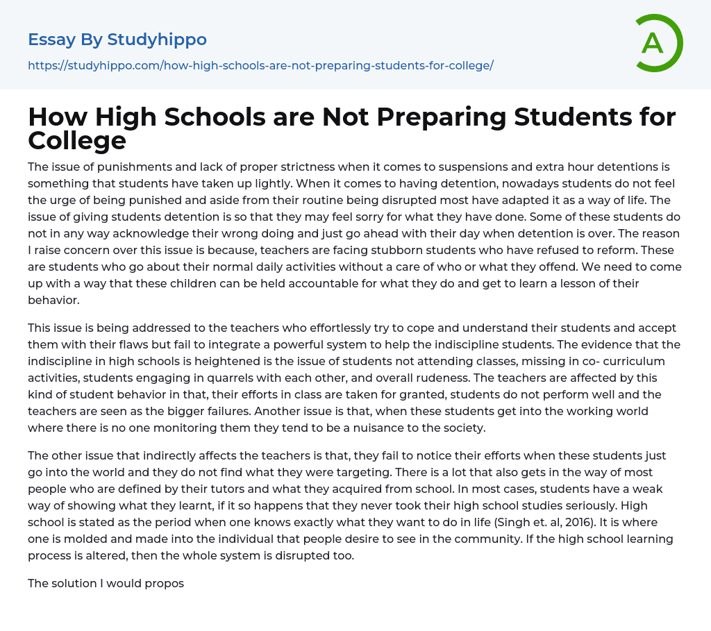 How High Schools are Not Preparing Students for College Essay Example