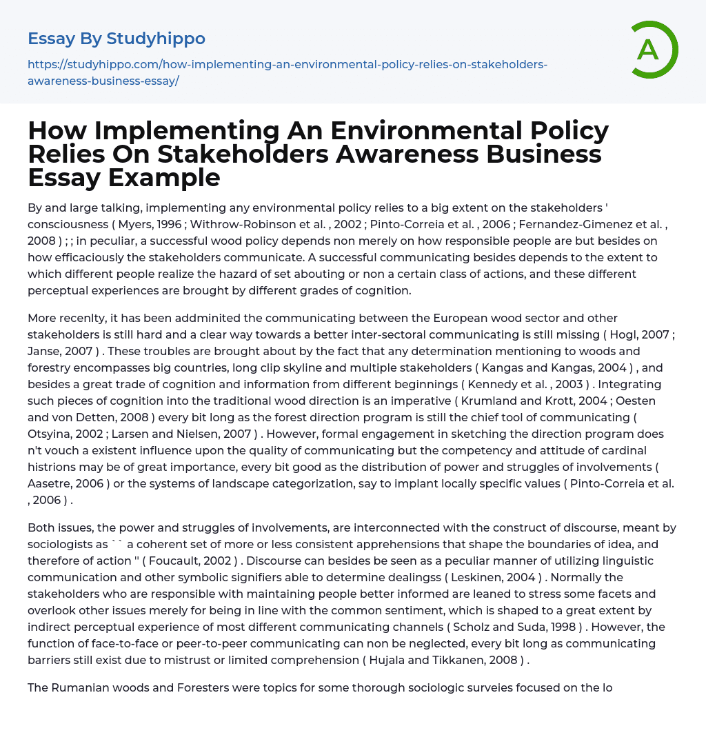 How Implementing An Environmental Policy Relies On Stakeholders Awareness Business Essay Example