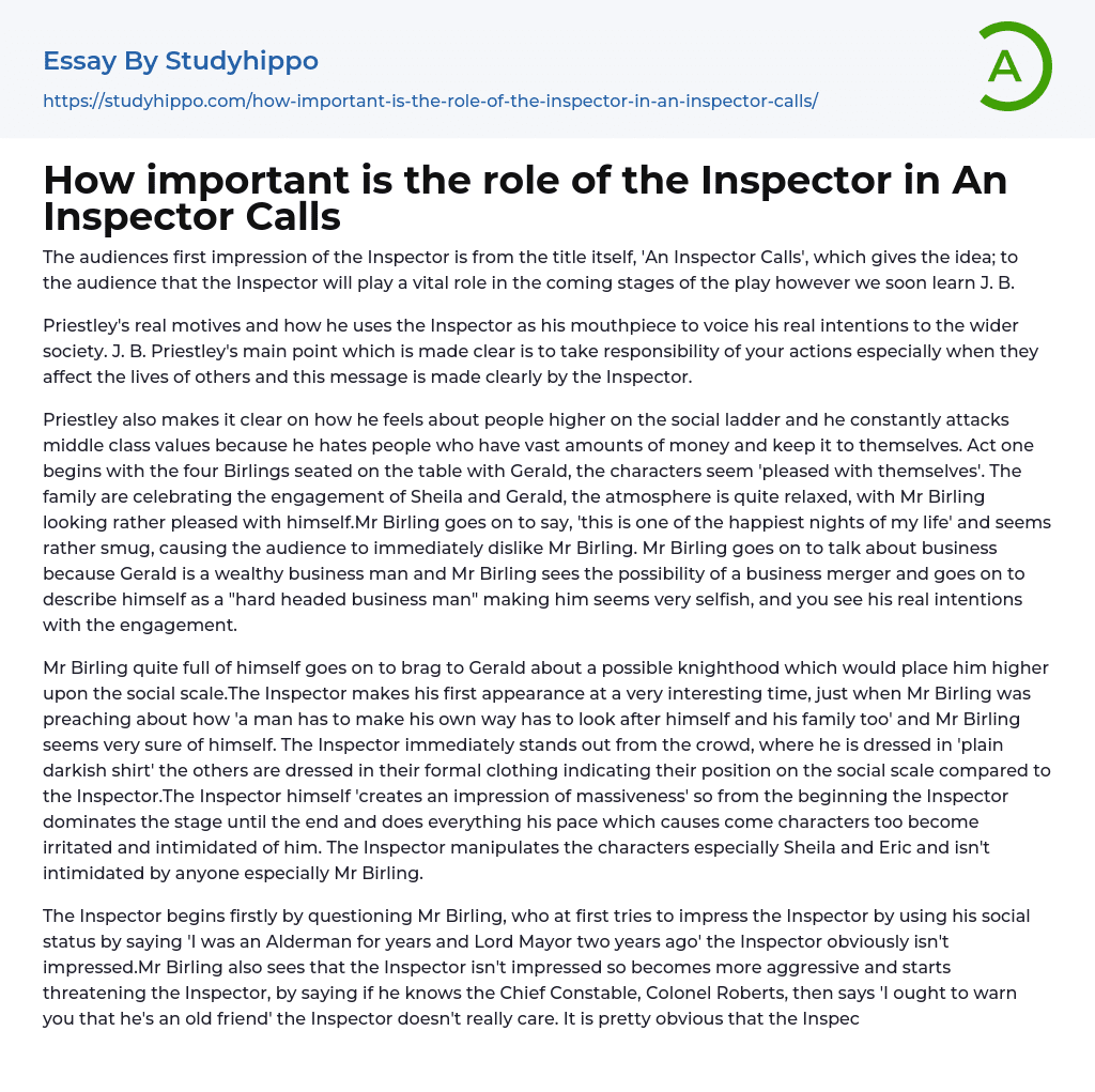 How important is the role of the Inspector in An Inspector Calls Essay Example