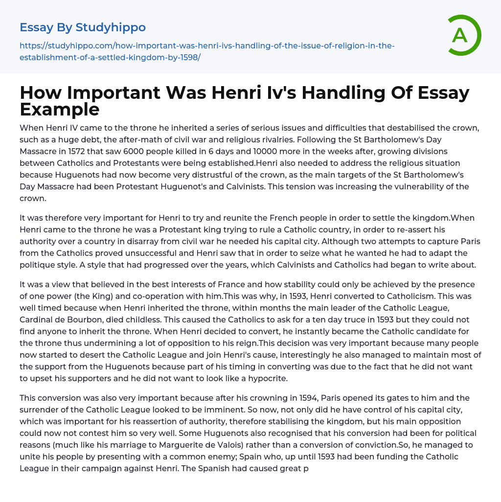 How Important Was Henri Iv’s Handling Of Essay Example