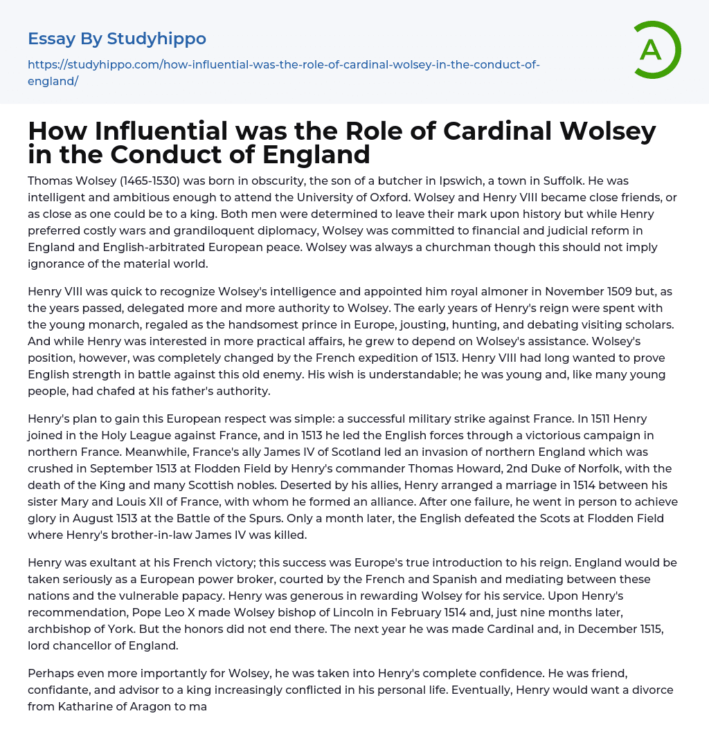 How Influential was the Role of Cardinal Wolsey in the Conduct of England Essay Example