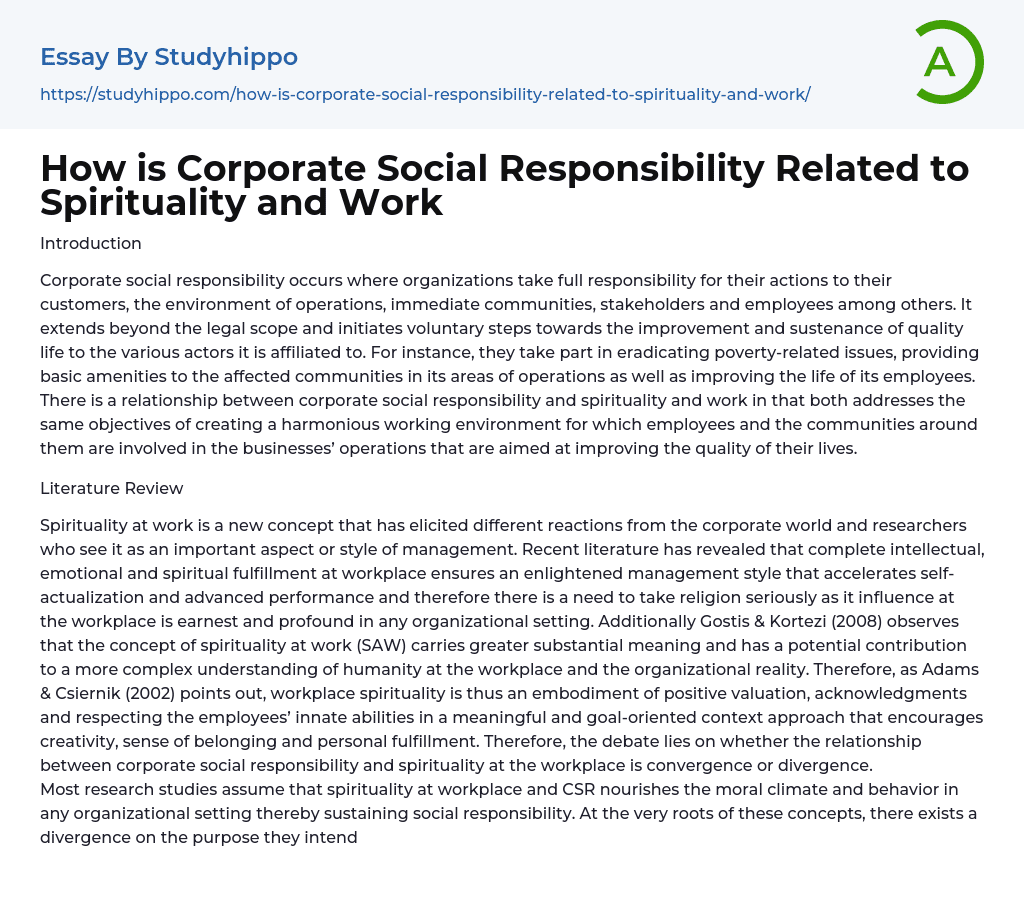 How is Corporate Social Responsibility Related to Spirituality and Work Essay Example