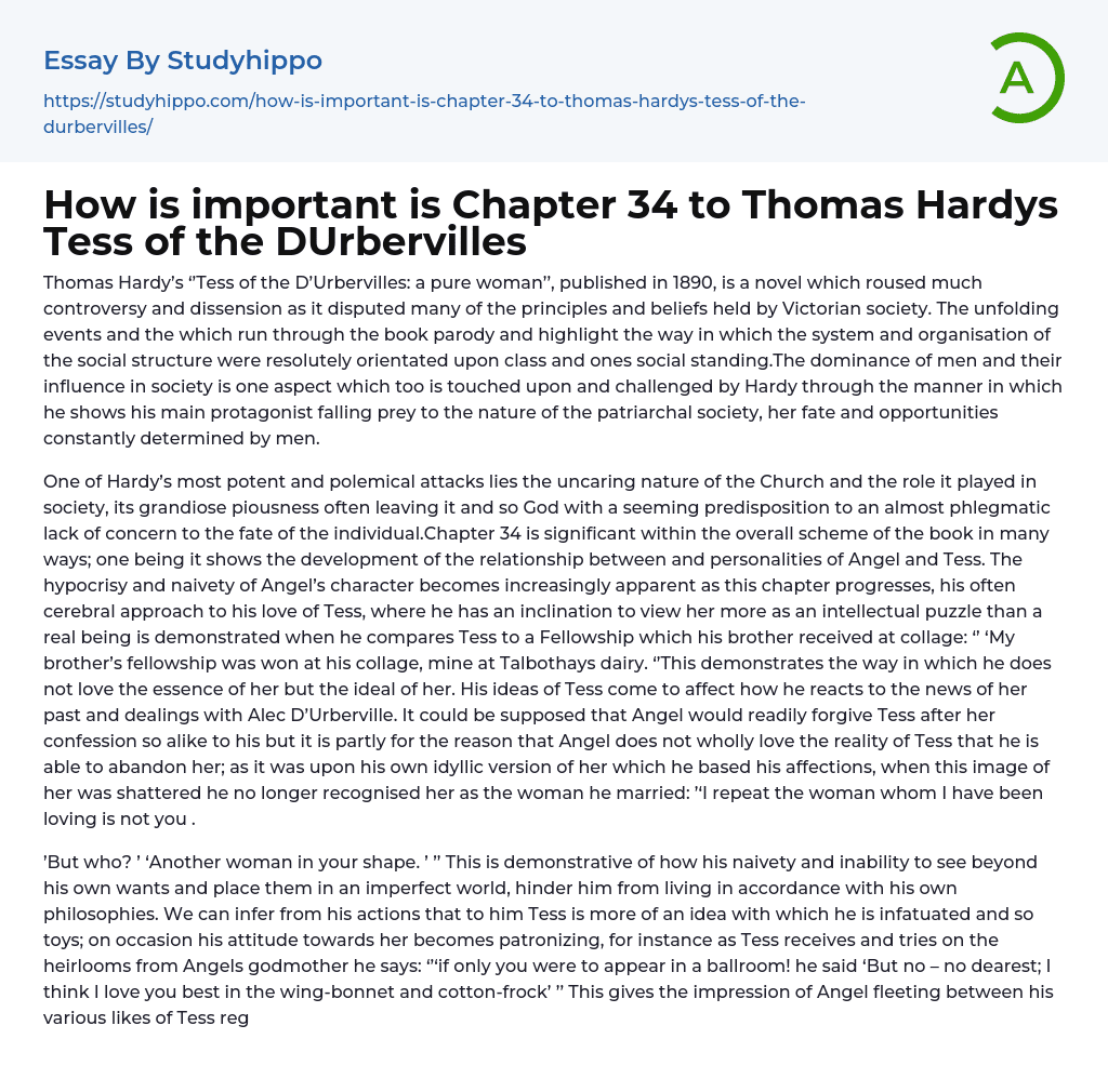 How is important is Chapter 34 to Thomas Hardys Tess of the DUrbervilles Essay Example