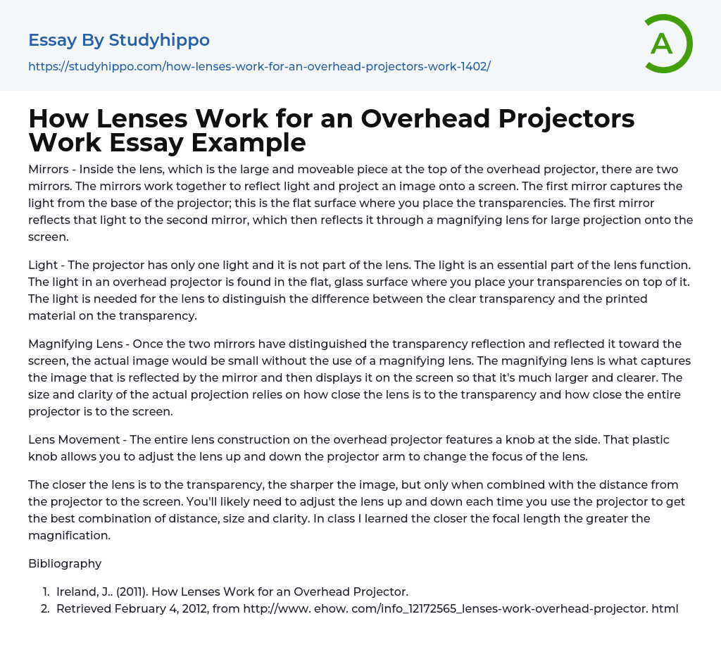 How Lenses Work for an Overhead Projectors Work Essay Example