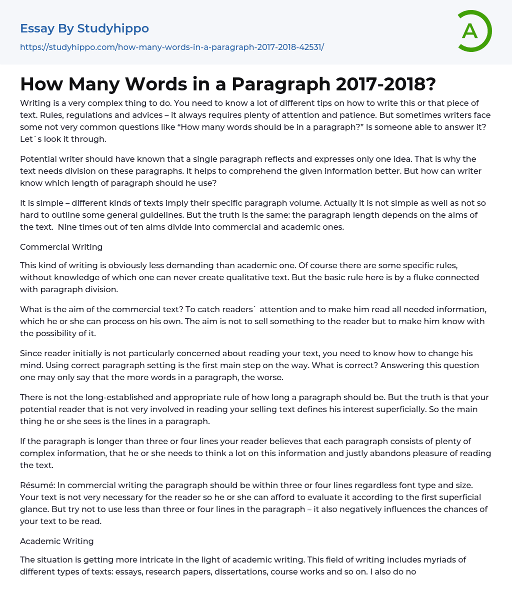 How Many Words in a Paragraph 2017-2018? Essay Example