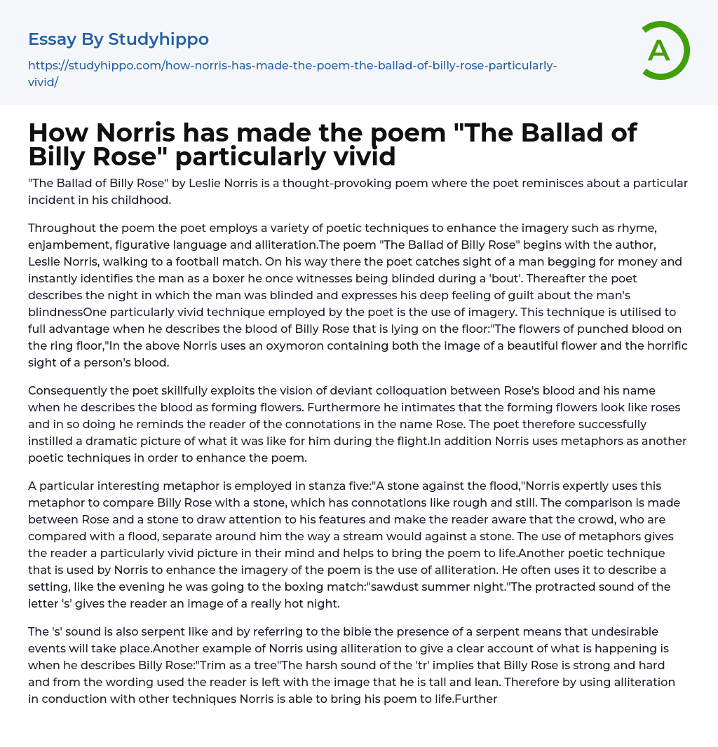 How Norris has made the poem “The Ballad of Billy Rose” particularly vivid Essay Example