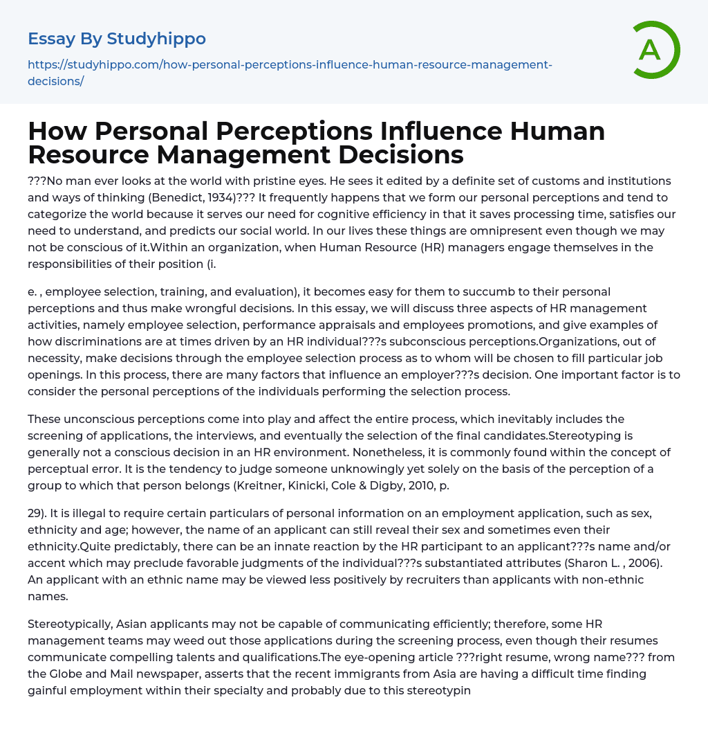 How Personal Perceptions Influence Human Resource Management Decisions Essay Example