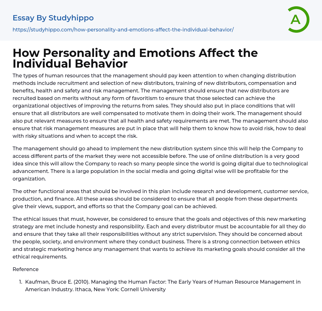 How Personality and Emotions Affect the Individual Behavior Essay Example