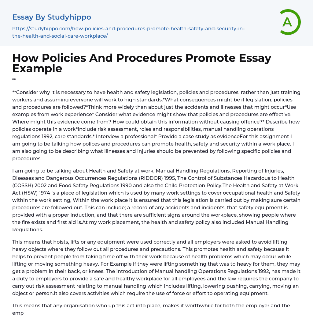 How Policies And Procedures Promote Essay Example