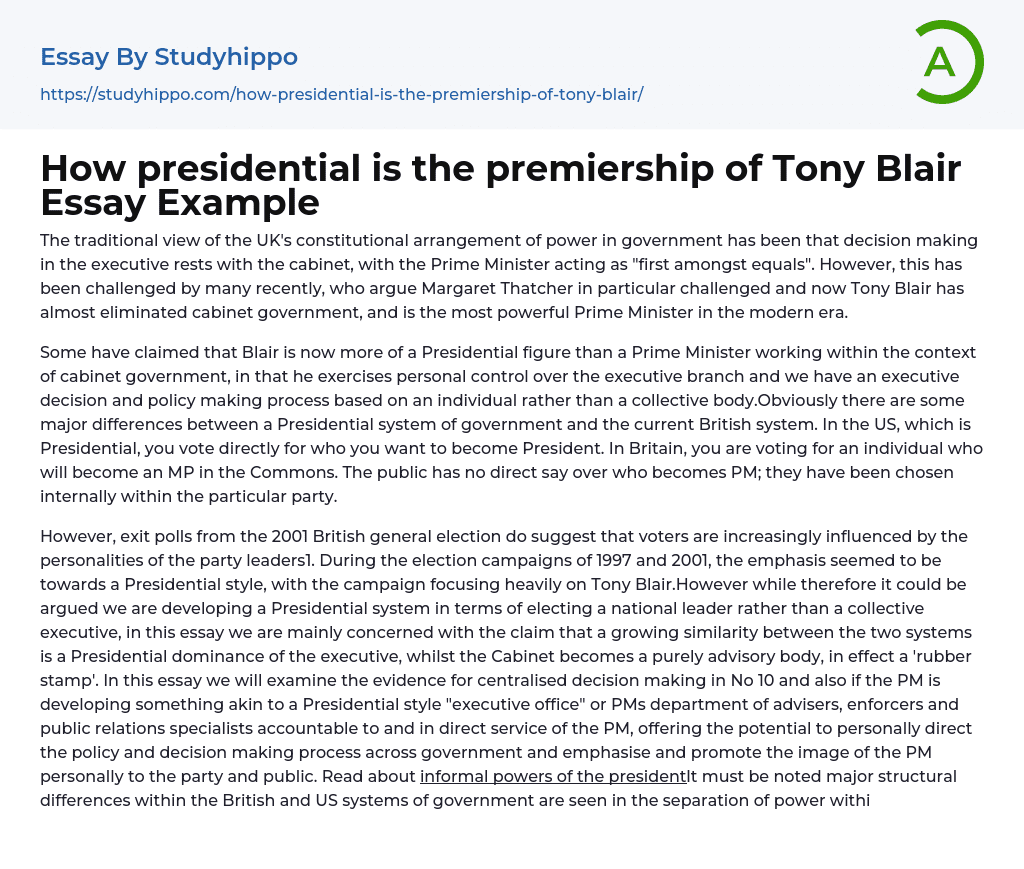How presidential is the premiership of Tony Blair Essay Example