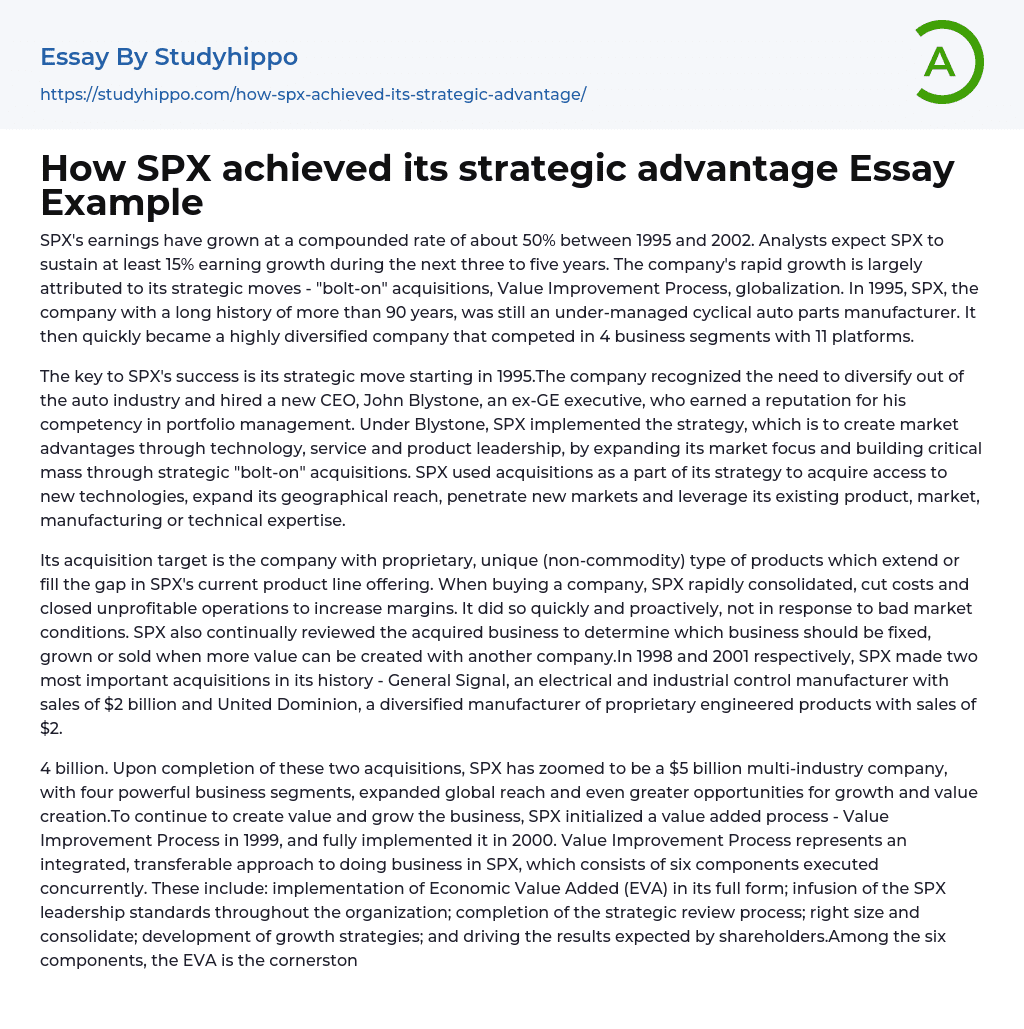 How SPX achieved its strategic advantage Essay Example