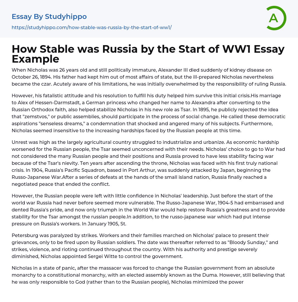 How Stable was Russia by the Start of WW1 Essay Example