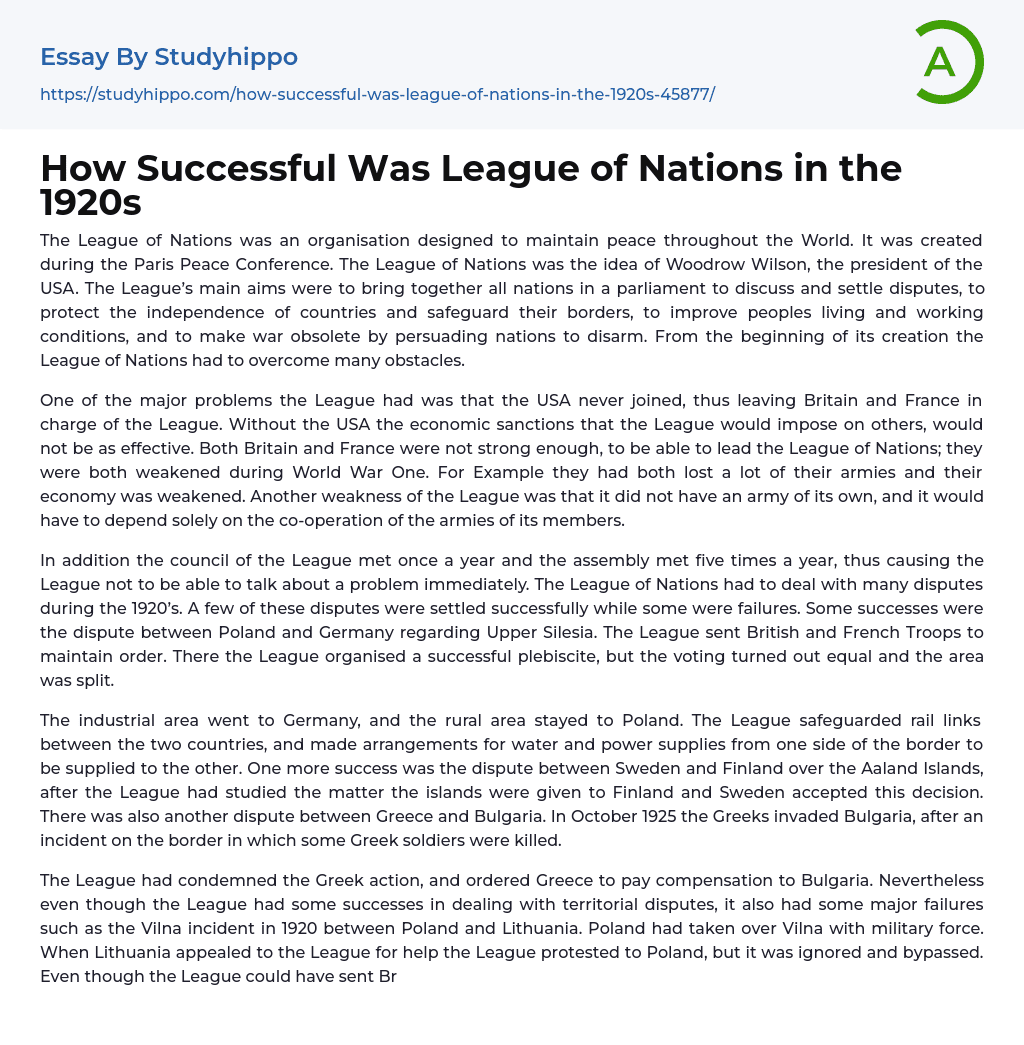 How Successful Was League of Nations in the 1920s Essay Example