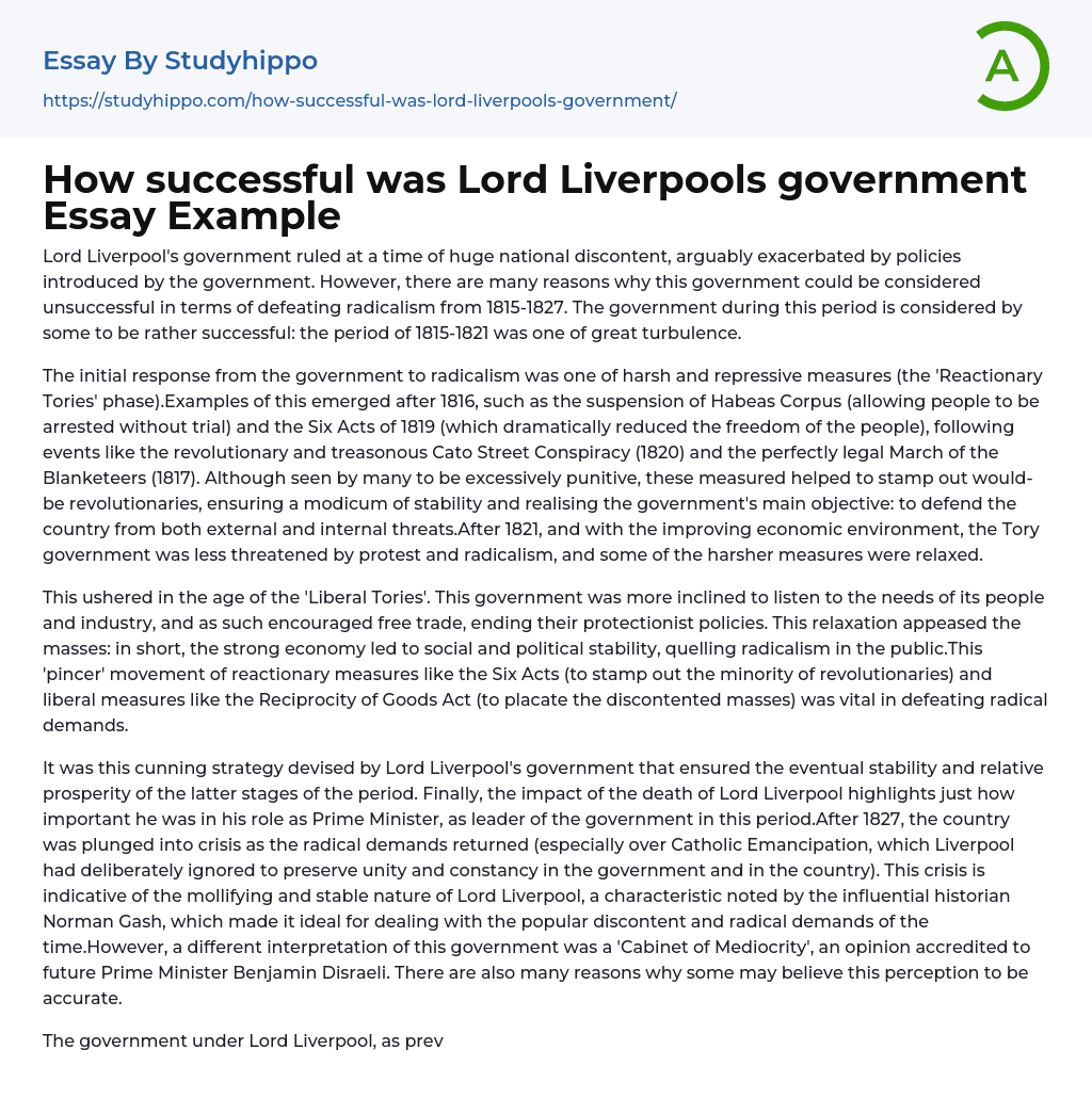 How successful was Lord Liverpools government Essay Example