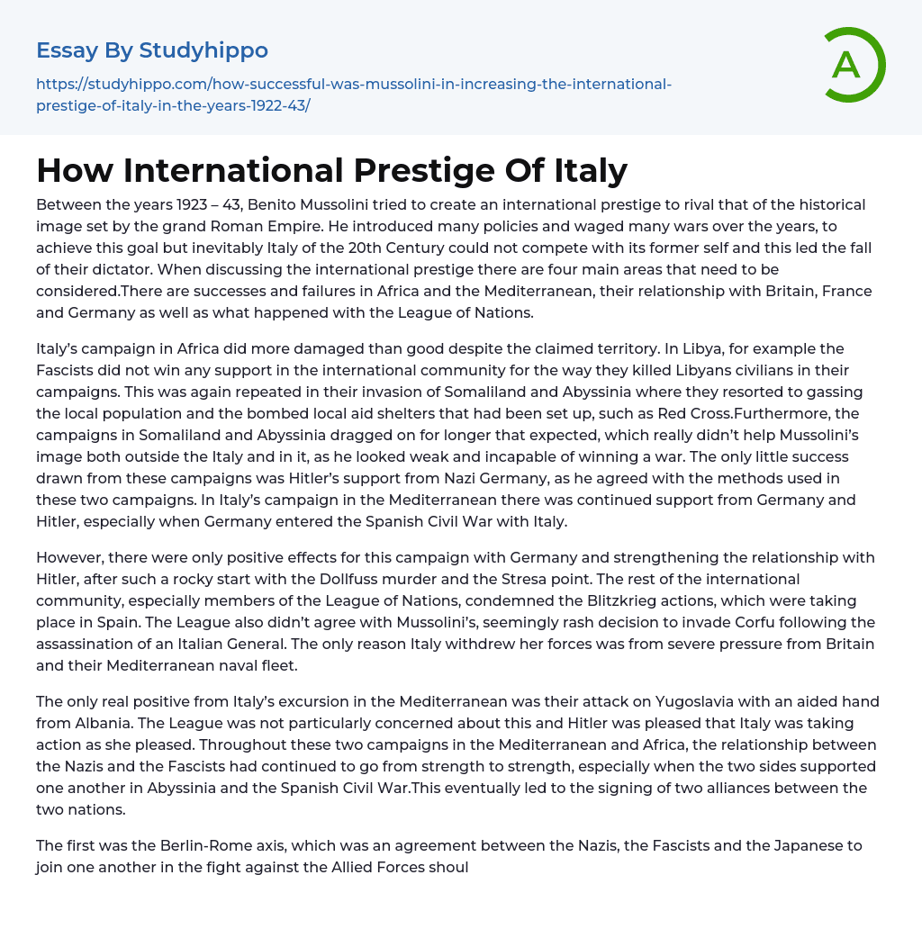 How International Prestige Of Italy Essay Example