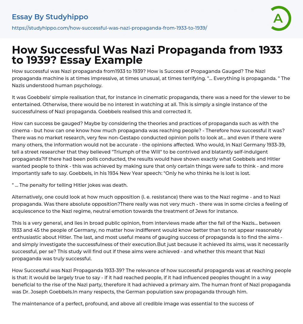 How Successful Was Nazi Propaganda from 1933 to 1939? Essay Example
