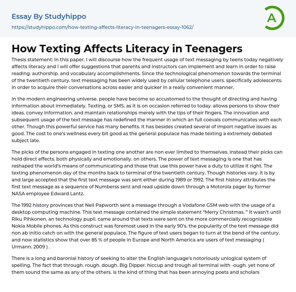 How Texting Affects Literacy in Teenagers Essay Example