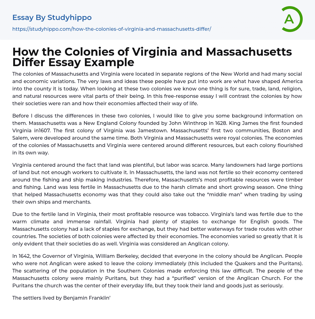 How the Colonies of Virginia and Massachusetts Differ Essay Example