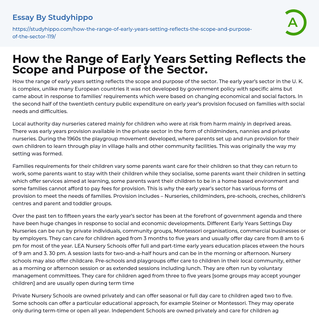 How the Range of Early Years Setting Reflects the Scope and Purpose of the Sector. Essay Example