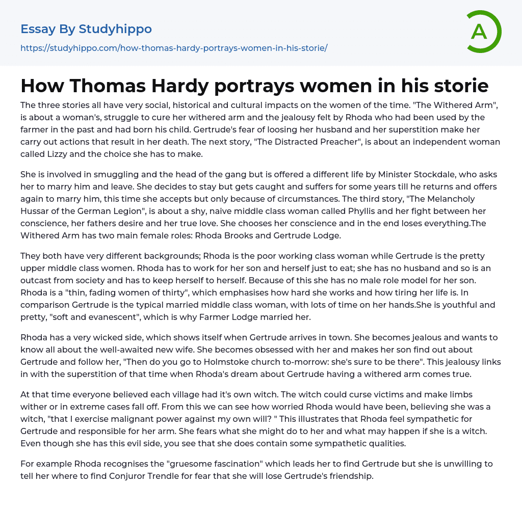 How Thomas Hardy portrays women in his storie Essay Example