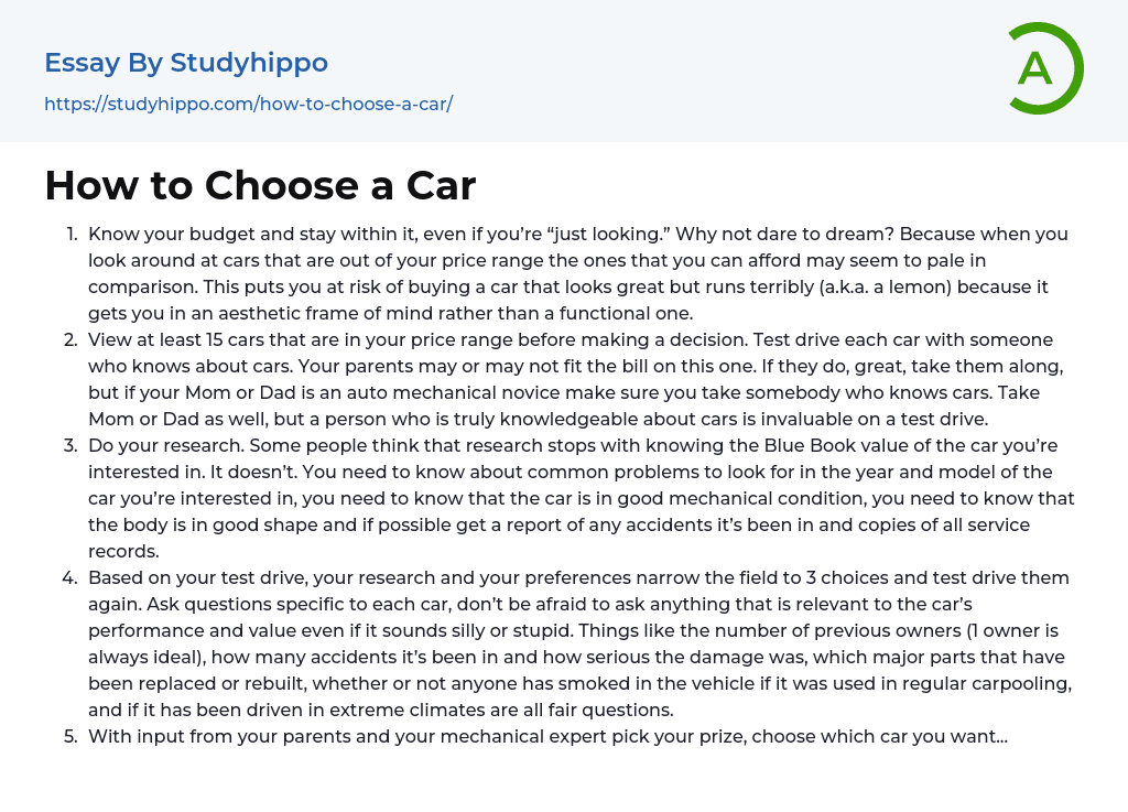 How to Choose a Car Essay Example