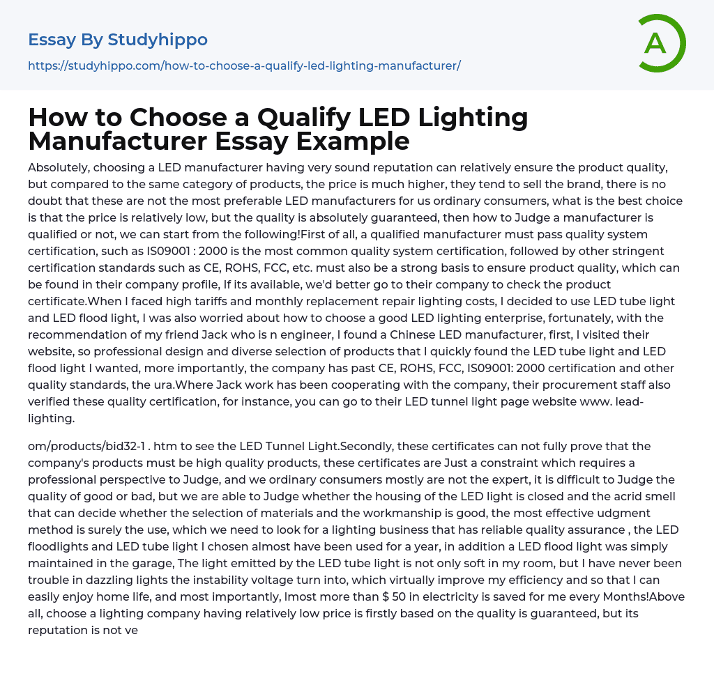 How to Choose a Qualify LED Lighting Manufacturer Essay Example