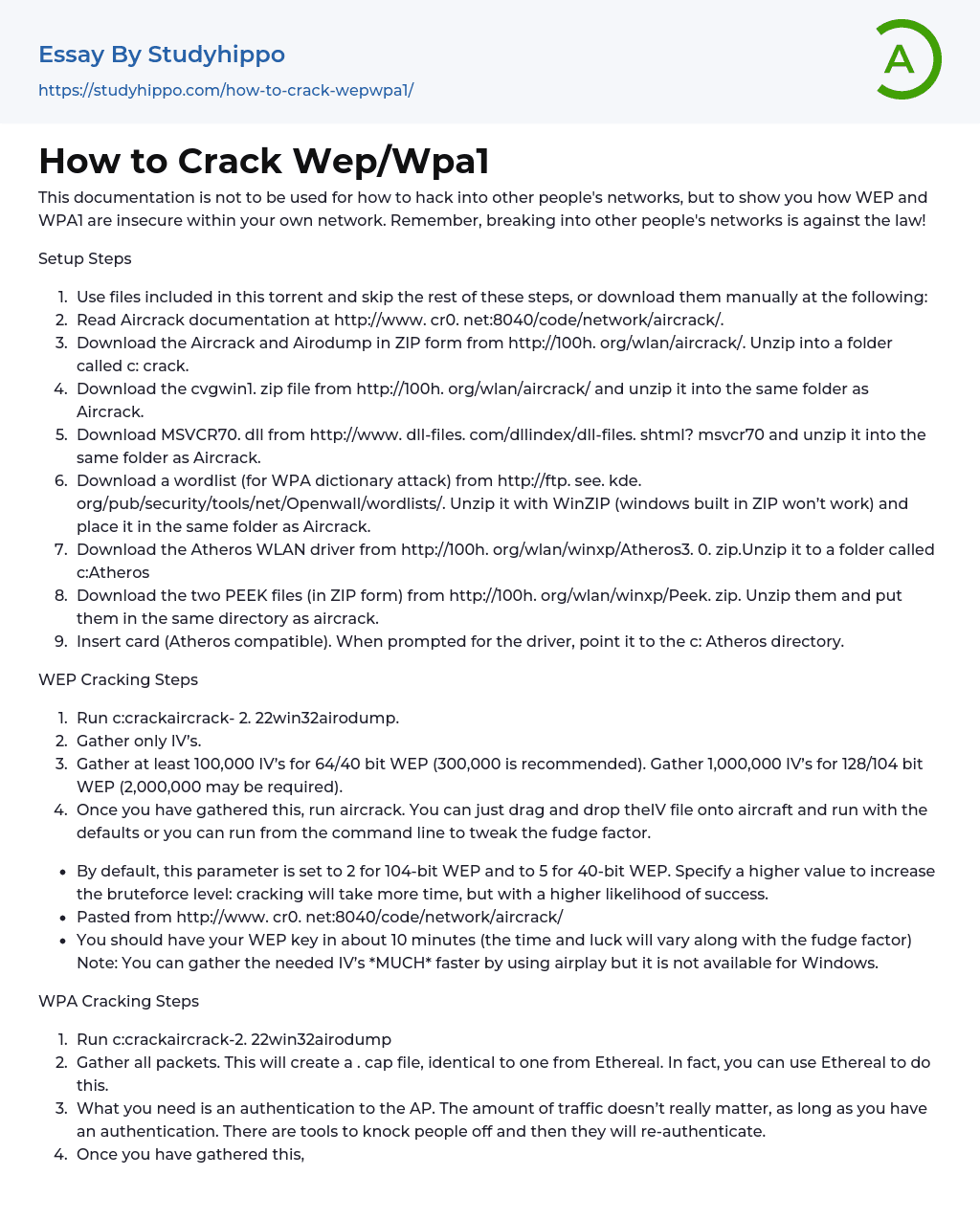 How to Crack Wep/Wpa1 Essay Example