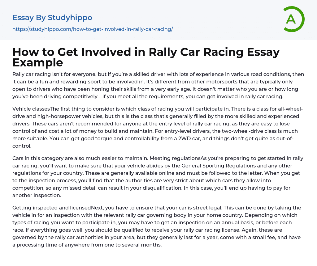 How to Get Involved in Rally Car Racing Essay Example